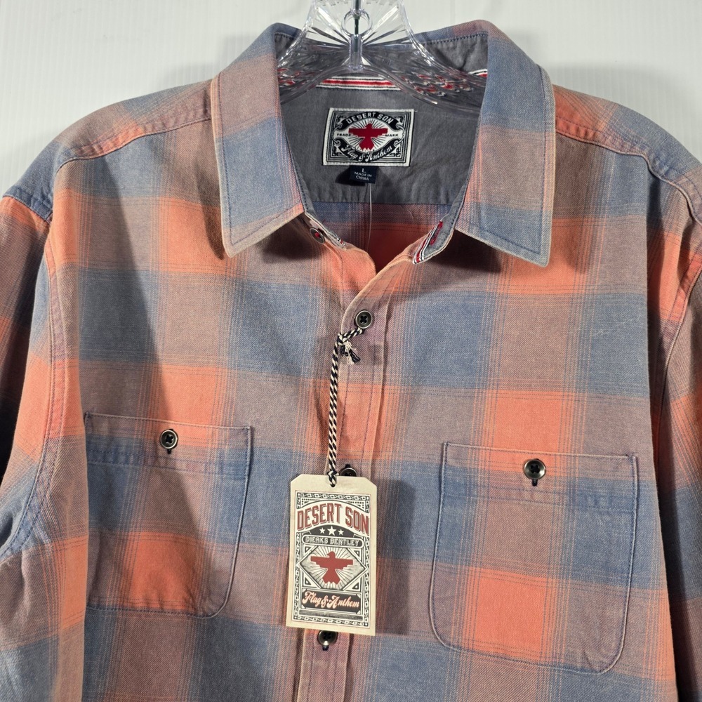 Desert‎ Son Flag & Anthem Mens Large Plaid Flannel Shirt Coral Blue DS-SP22WS007